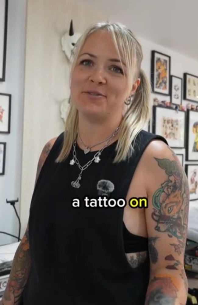 Rochelle, who works at Markd Tattoo in Redfern, NSW, revealed she had a female client come in with her boyfriend, who opted for a penis tattoo. Picture: TikTok/@markdtattoo