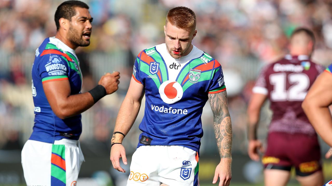 Adam Keighran (C) has been axed after the Warriors heavy defeat to Manly. Picture: AAP