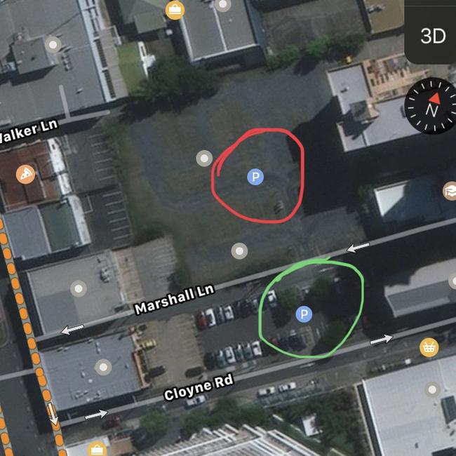 Mr Henderson thought he was paying for a full day on Cloyne Road (green) in Southport, but the EasyApp Park app automatically chose the wrong neighbouring carpark on Marshall Lane (red) instead. Picture: Supplied