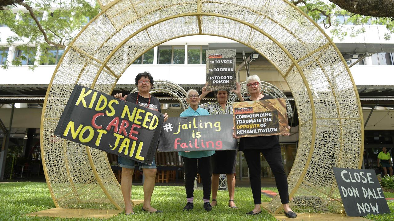 Grandmothers, Natalie Hunter, Barbara Nasir, Donna Hunter and Josie Crawshaw call for the closure of Don Dale five years after the Royal Commission. Picture: (A)manda Parkinson