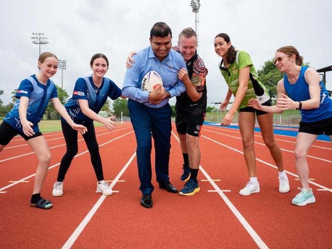 Minister Jinson Charls with 2025 Sports Awards Finalists (L to R) Matilda Mobsby and Alaina Kman (Arafura Calisthenics Club), Leon Cleal (Ruby League), Macey Sheridan (Swimming) and Alison Reidy (athletics)