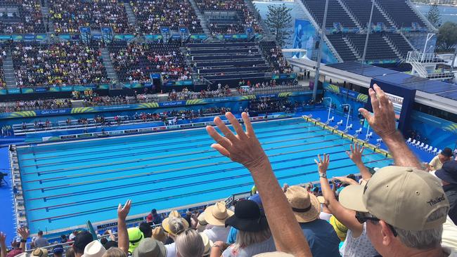 The crowd getting fired up prior to events starting at the Southport Aquatic Centre.