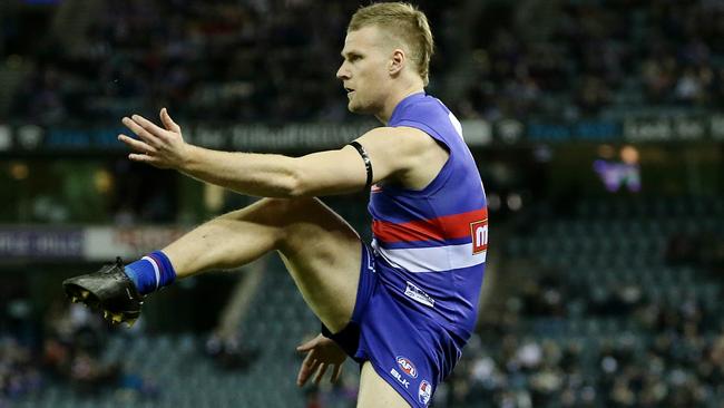 Jake Stringer kicks a goal for the Western Bulldogs. Picture: Michael Klein