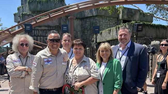 Dreamworld chairman Dr Gary Weiss (left), Dreamworld CEO Greg Yong, Dreamworld's longest serving team member Michelle Doyle, Deputy Mayor Donna Gates and State Minister for Tourism Andrew Powell at the opening of Dreamworld's Rivertown precinct on Monday. Picture: Rosie Gale.