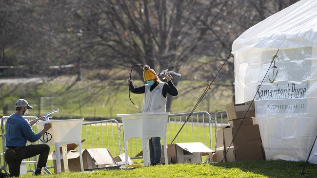 Volunteers assemble sinks at the Samaritan's Purse field hospital in New York's Central Park. Picture: Mary Altaffer/AP