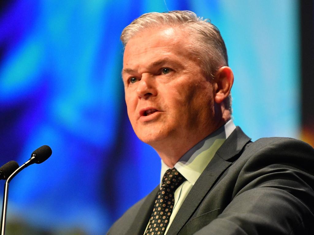 Santos CEO Kevin Gallagher is seen during the Santos Annual General Meeting (AGM) at the Adelaide Convention Centre in Adelaide, Thursday, May 3, 2018. (AAP Image/David Mariuz) NO ARCHIVING