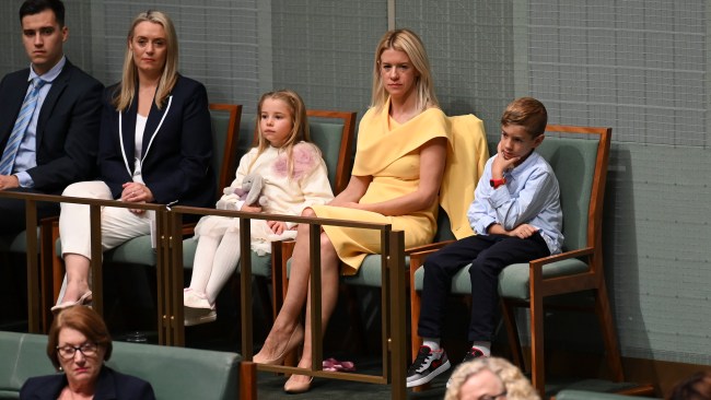 Laura Chalmers was joined by two of the couple's three children as they watched the Treasurer deliver his third federal budget. Picture: NCA NewsWire / Martin Ollman