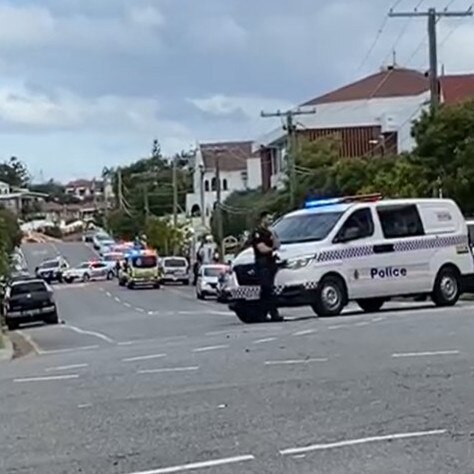 Police and emergency services at the scene of a police shooting in South Brisbane. Picture: Libby Jeisman