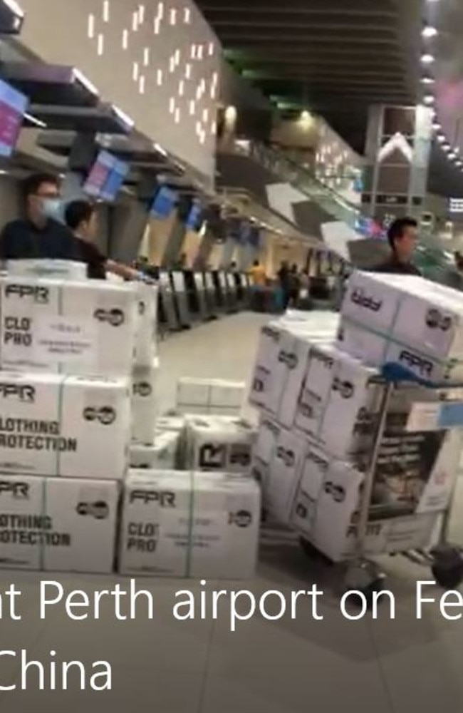 Dozens of boxes of surgical masks at Perth Airport on February 8 being assembled to airfreight off to China.