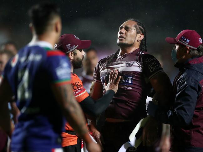 Martin Taupau left the field after a high shot from Jack Hetherington and did not return after failing his HIA. Picture: Cameron Spencer/Getty Images