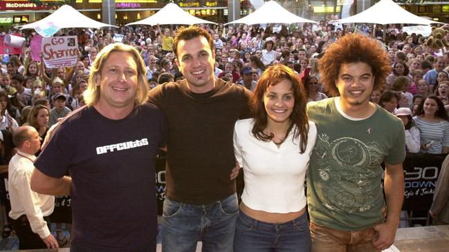 Dicko at a Waringah Mall shopping centre appearance in October 2003 with contestants Shannon Noll, Cosima De Vito and Guy Sebastian.