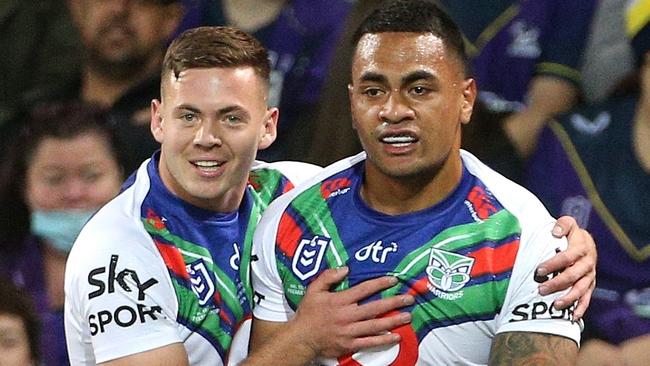 Warriors winger Ken Maumalo celebrates a try earlier this year. Picture: Hamish Blair/NRL Photos