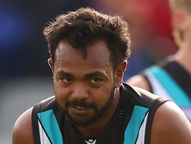 BALLARAT, AUSTRALIA - MAY 03: Willie Rioli of the Power reacts during the round eight AFL match between Western Bulldogs and Port Adelaide Power at Mars Stadium, on May 03, 2025, in Ballarat, Australia. (Photo by Morgan Hancock/Getty Images)