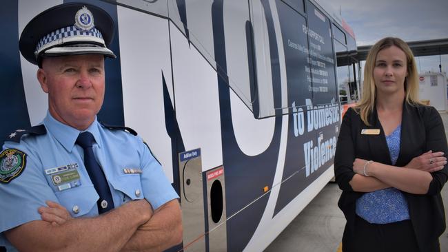 Coffs-Clarence Police Superintendent Steve Clarke and NSW Police Force regional domestic violence co-ordinator Kiah Bowen launched a campaign to help spread the message to say 'No' to domestic violence. Photo Bill North / The Daily Examiner