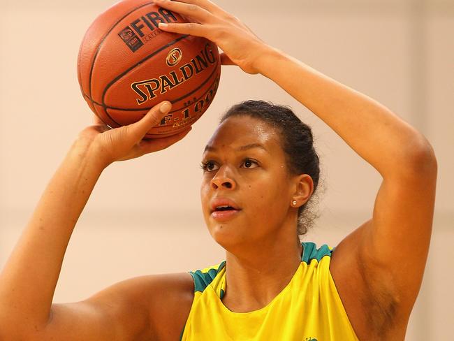 MELBOURNE, AUSTRALIA - JUNE 22: Elizabeth Cambage of Australia trains during the Australian Olympic Games team announcement at Knox Basketball Stadium on June 22, 2012 in Melbourne, Australia. (Photo by Quinn Rooney/Getty Images)