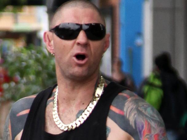 NO BYLINE PLEASE. Former Finks bikie gang member Mark Sandery, father of child who was shot in Semaphore. Various Finks motorcycle gang members at the Magistrates Court.