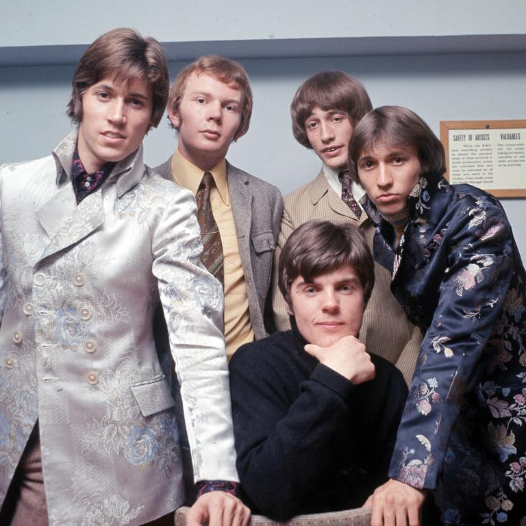 Australian Bee Gess drummer Colin ‘Smiley’ Petersen, who also passed away this week, is seen (second from left) in this 1967 photo with Barry Gibb, Vince Melouney, Robin Gibb and Maurice Gibb. Picture: Jeff Hochberg/Getty Images