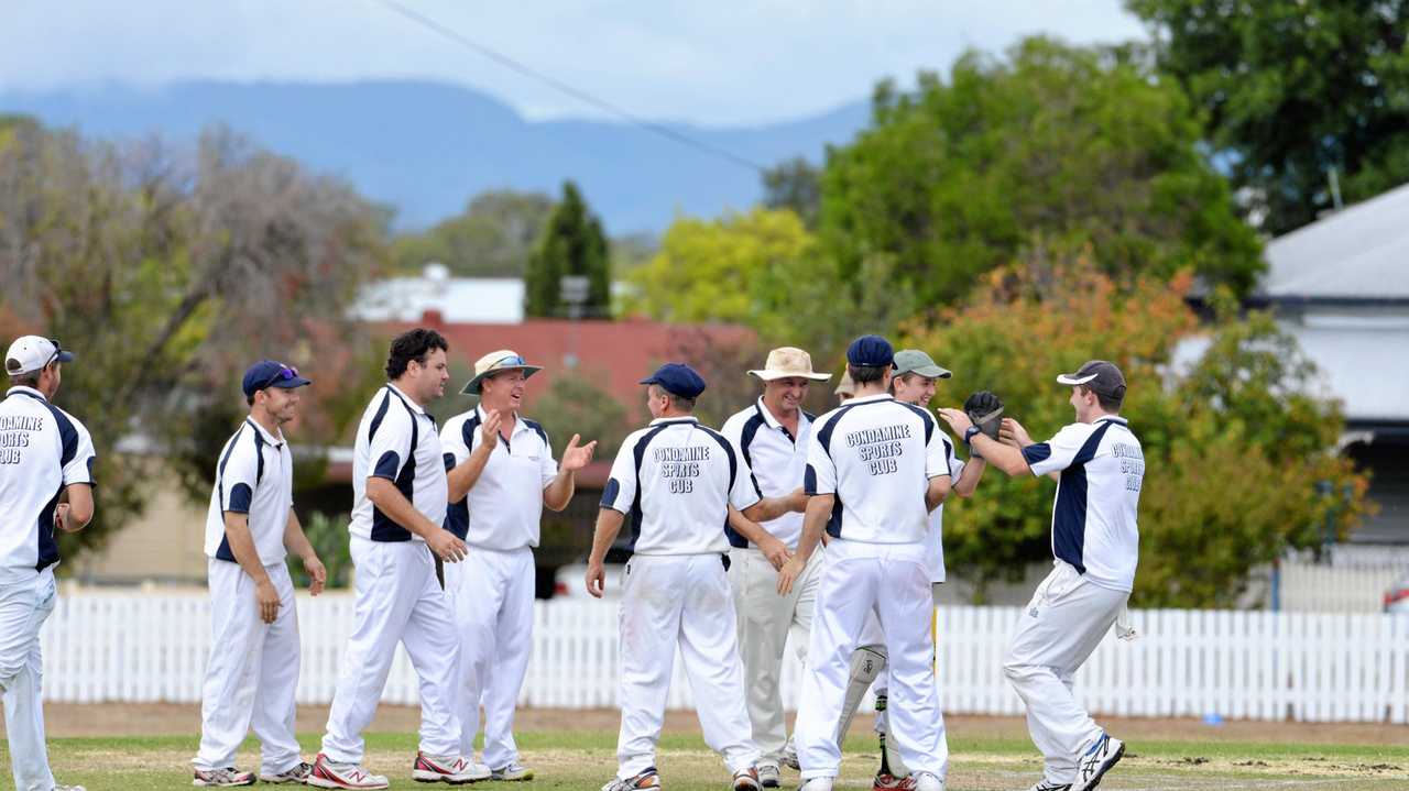 Maryvale Condamine celebrate the wicket of Colts player Maugan Benn at Slade Park in a grand final victory. Picture: Gerard Walsh