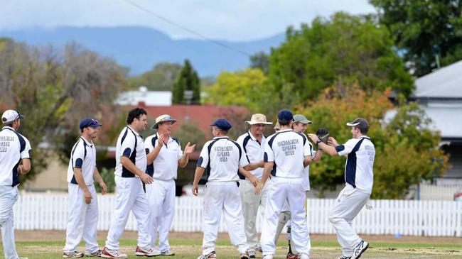 Maryvale Condamine celebrate the wicket of Colts player Maugan Benn at Slade Park in a grand final victory. Picture: Gerard Walsh