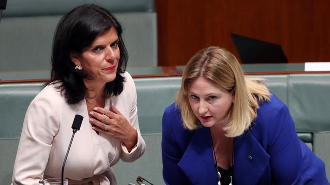 Julia Banks with Rebekha Sharkie during Question Time in the House of Representatives this week. Picture: Gary Ramage