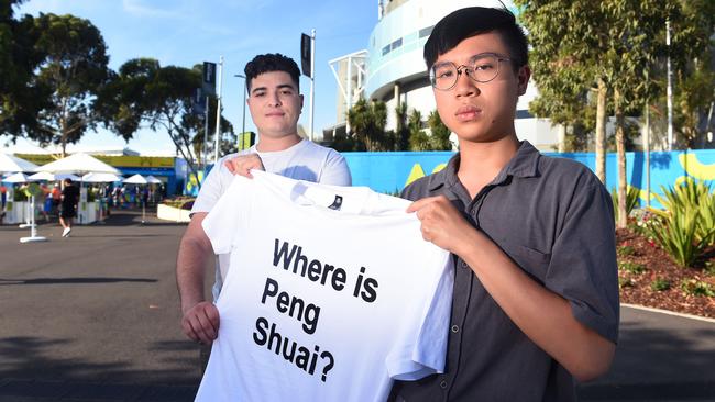 Drew Pavlou and Max Mok have printed more Peng Shuai T-shirts to hand out to tennis crowds. Picture: Josie Hayden