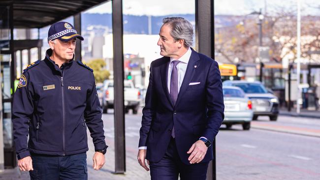 Clarence Divisional Inspector Brett Barry and Mayor of Clarence Brendan Blomeley at Rosny bus mall, launching the Dob in a Hoon campaign. Picture: Linda Higginson