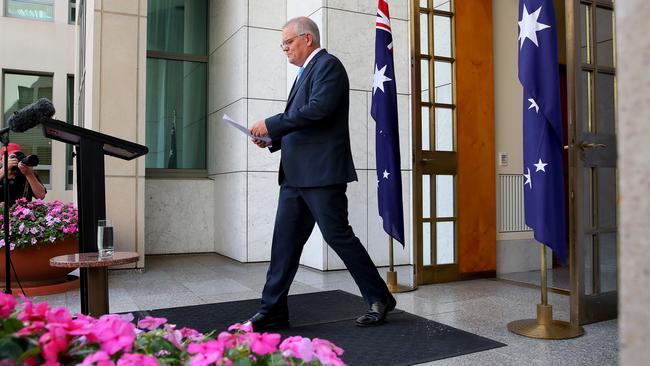 Prime Minister Scott Morrison holds a press conference in the Prime Minister's courtyard at Parliament House. Picture: Toby Zerna