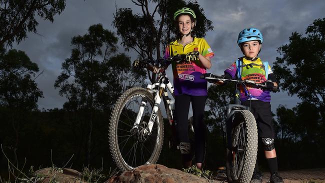 Townsville Rockwheelers Mountain Bike riders Cooper Scmidt, 7, and Gabriella Parenti, 11. PICTURE: MATT TAYLOR.