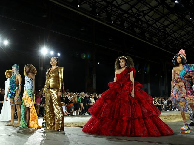 SYDNEY, AUSTRALIA - MAY 13: Models walk the runway in a design by Future of Fashion during the First Nations Fashion + Design show during Afterpay Australian Fashion Week 2022 Resort '23 Collections at Carriageworks on May 13, 2022 in Sydney, Australia. (Photo by Mark Nolan/Getty Images)