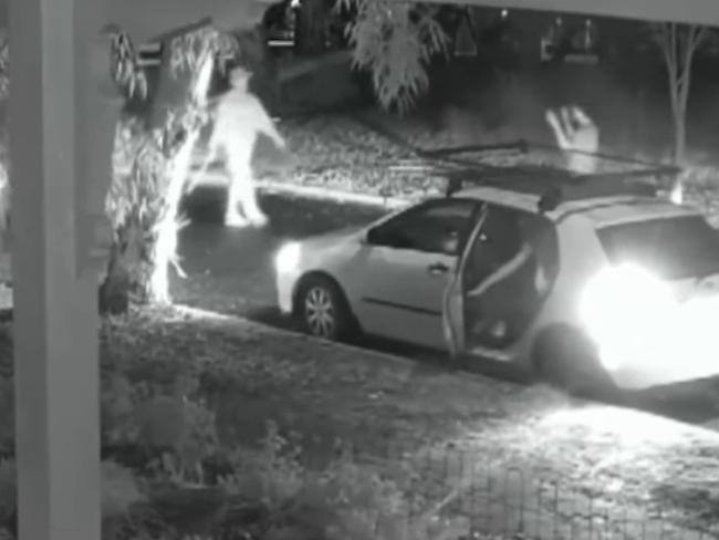 Two armed suspects approaching an unarmed male and a group of party-goers in a white Toyota Hatchback. 9 News Adelaide