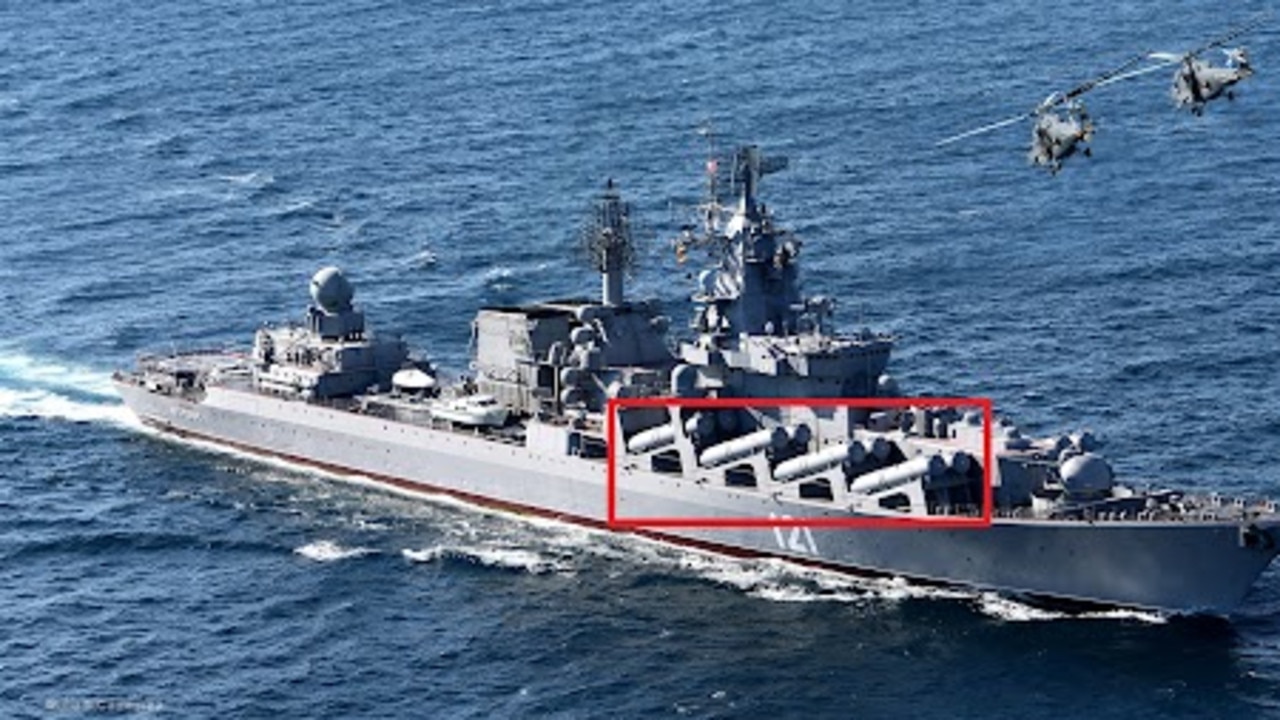 Highlighted are the large supersonic anti-ship missiles that make her so vulnerable to explosions. Picture: Russian Ministry of Defence