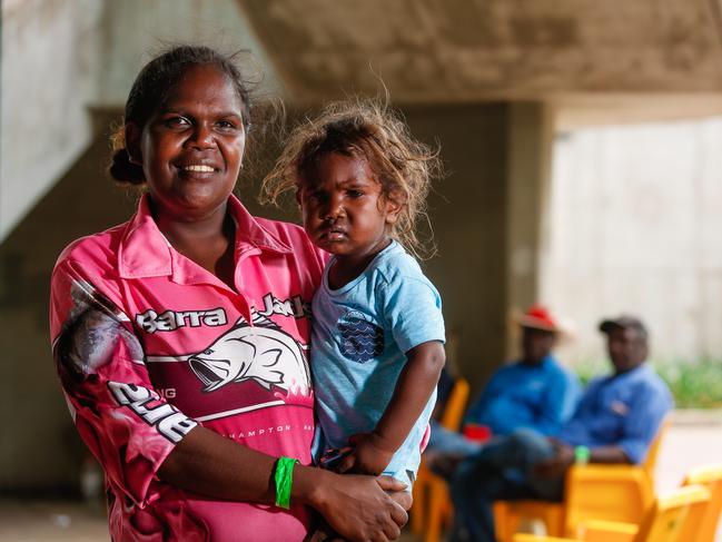 McKeena O'Keefe and her son Learn, 2, evacuees from Boroloola and Robinson River at Marrara Indoor Stadium. Picture: Glenn Campbell