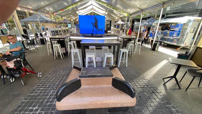 The ‘inappropriate’ marquee, tables and chairs at commando war memorial in Martin Place.