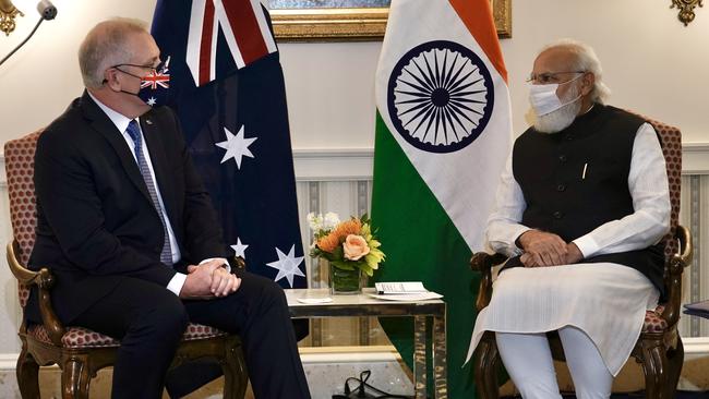 Scott Morrison meets with his Indian counterpart Narendra Modi ahead of the Quad meeting at the White House in Washington. Picture: Adam Taylor