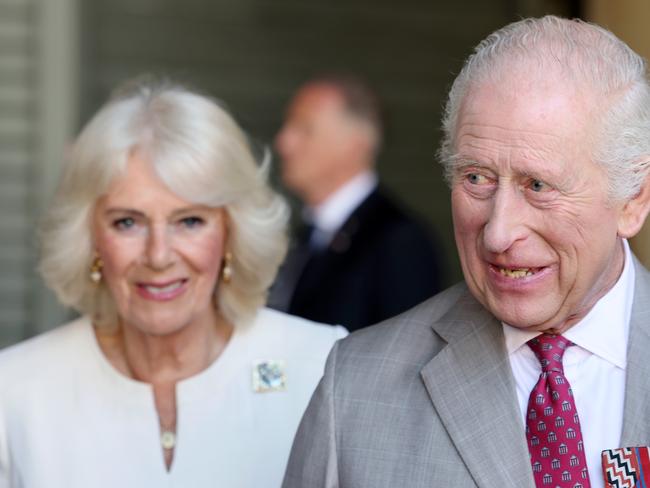 RAVENNA, ITALY - APRIL 10: Queen Camilla and King Charles III visit a market in the Piazza del Popolo, the heart of Ravenna, during day four of King Charles III and Queen Camilla's State visit to The Republic of Italy on April 10, 2025 in Ravenna, Italy. Their Majesties will meet local farmers, whose land and crops have been severely affected by devastating floods which have hit the Ravenna region in recent years. (Photo by Chris Jackson/Getty Images)