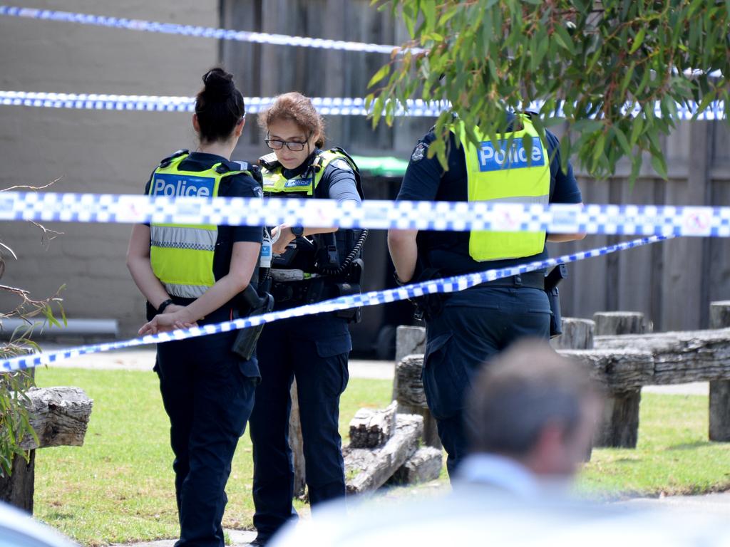 Police at the Mordialloc unit where two people were found dead. Picture: NewsWire / Andrew Henshaw