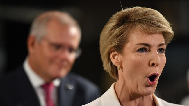 Employment Minister Michaelia Cash and Prime Minister Scott Morrison speak to media during in Sydney. Picture: NCA NewsWire/Joel Carrett