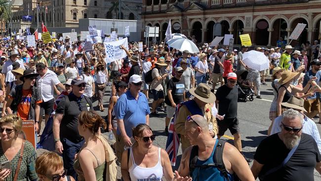 Anti-vaccination, anti-mandate protesters march in the Brisbane CBD on Saturday. Picture: Annette Dew