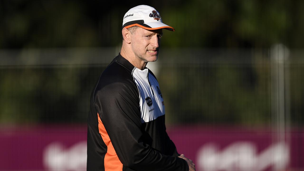 BRISBANE, AUSTRALIA - JULY 21: Wests Tigers coach Michael Maguire looks on during a Wests Tigers NRL training session at Gilbert Park on July 21, 2021 in Brisbane, Australia. (Photo by Albert Perez/Getty Images)