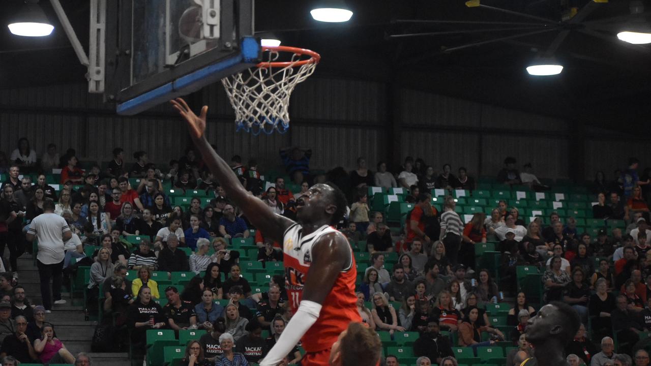 Emmanuel Malou lays it in for Mackay Meteors against Ipswich Force in the NBL1 North match, July 24 2021. Picture: Matthew Forrest