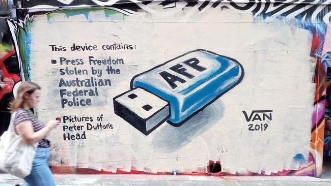 Street art by Van T Rudd in Melbourne’s Hosier Lane following the AFP raids on News Corp Australia and the ABC. Picture: Supplied