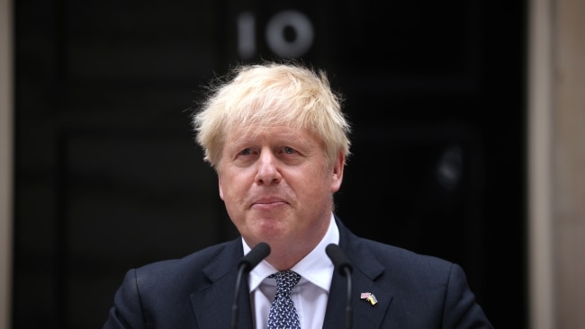 LONDON, ENGLAND - JULY 07: Prime Minister Boris Johnson addresses the nation as he announces his resignation outside 10 Downing Street, on July 7, 2022 in London, England. Photo by Dan Kitwood/Getty Images.