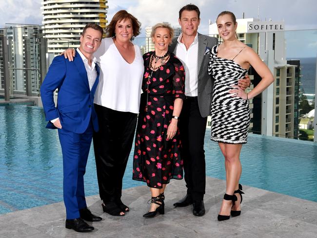 Five of this year’s six Gold Logie nominees — Grant Denyer, Tracy Grimshaw, Amanda Keller, Rodger Corser and Jessica Marais. Foxtel’s Andrew Winter is also in the running for the top award. Picture: AAP Image/Darren England.