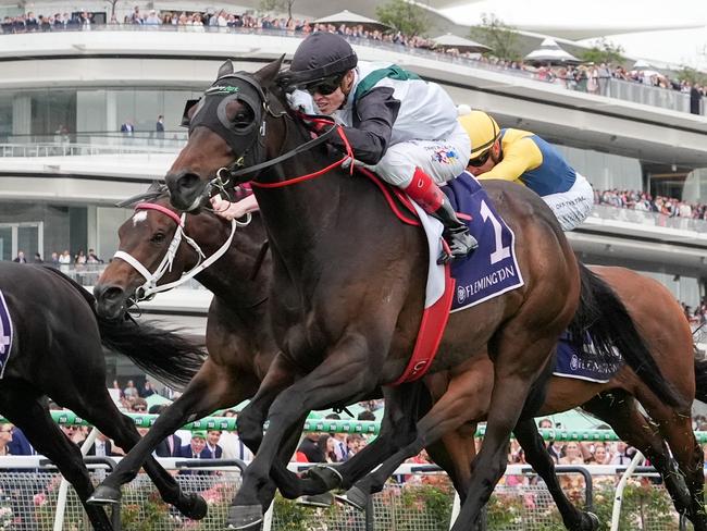 Mr Brightside (NZ) ridden by Craig Williams wins the VRC Champions Mile at Flemington Racecourse on November 09, 2024 in Flemington, Australia. (Photo by George Sal/Racing Photos via Getty Images)