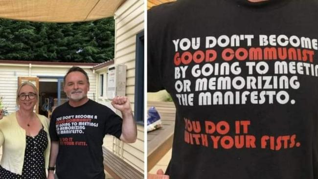 A social media post of Tasmanian Labor leader David O'Byrne wearing a ‘good communist’ T-shirt. Picture: Supplied