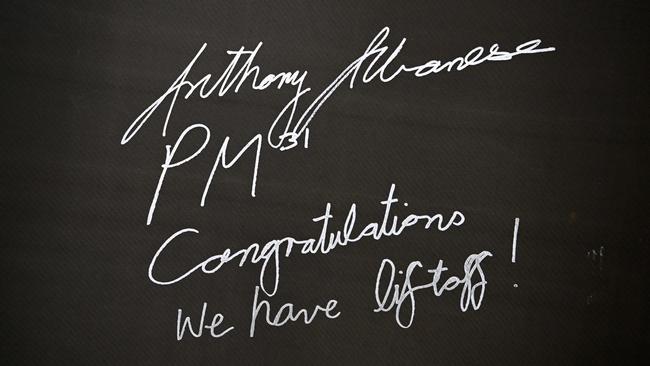 An autograph and a message by Australian Prime Minister Anthony Albanese inside the payload fairing of a space rocket, during his visit to Gilmour Space Technologies. Picture: Dan Peled / NCA NewsWire