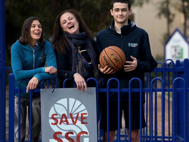 Katrina Bean with Dianna Smith-McCue and her son Campbell McCue at Springbank Secondary College. Picture: Tricia Watkinson