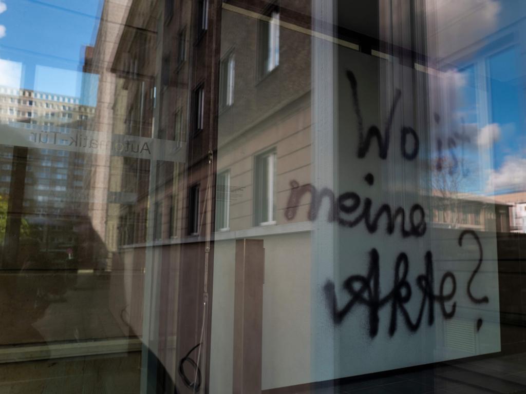 Graffiti saying ‘Where's my file?’ at the Stasi entrance in Berlin. Picture: John MacDougall/AFP