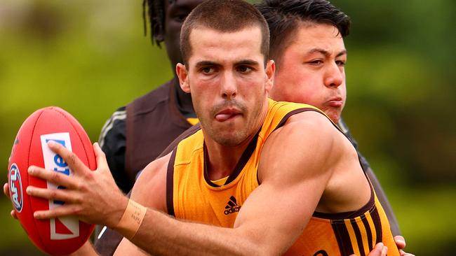 Finn Maginness gets a clearance for the Hawks. Picture: Getty Images