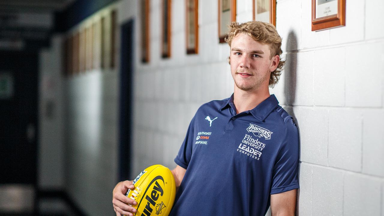 South Adelaide likely No. 1 AFL draft pick Jason Horne-Francis pictured in his old South Adelaide Football Club change rooms at Noarlunga Downs on November 23, 2021. Picture Matt Turner.